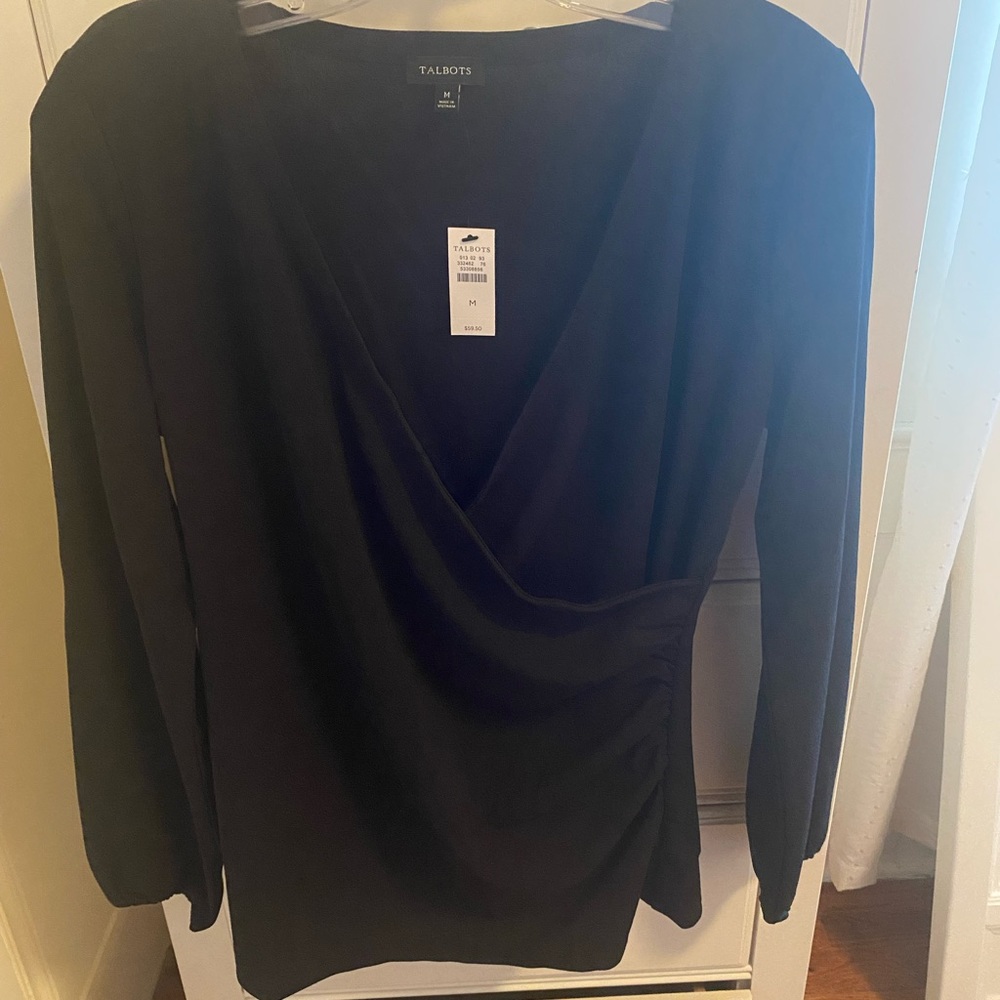 NEW NWT Beautiful faux wrap black top blouse Talbots M